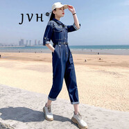 JVH香港潮牌牛仔工裝連體褲女 2025夏季新款高腰顯瘦休閑連身九分褲 深藍色 M