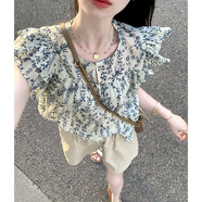UKMR2025夏季短袖襯衫女法式耳邊減齡碎花短款小飛袖別致上衣氣質(zhì)寬松 藍(lán)色碎花 優(yōu)質(zhì)款 M 95-105斤