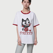 蒙斯朗瑞純棉t恤女士短袖夏季中長(zhǎng)款寬松白色t半袖學(xué)生遮屁股圓領(lǐng)女裝上衣 紅色 (小貓款) 均碼 (建議90-150斤)