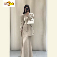 初徑大碼胖mm甜酷炸街套裝小香風(fēng)西服外套+魚尾半身裙兩件套斤 杏色兩件套 M 建議80-100斤