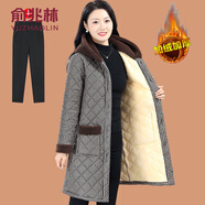 俞兆林（YUZHAOLIN）媽媽冬裝棉衣外套中長(cháng)款保暖棉服中老年女裝加絨加厚格子連帽棉襖 黑白格 +  黑色加絨褲 5XL (參考145-160斤)