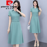 皮爾卡丹（pierre cardin）新款復(fù)古POLO領(lǐng)純色短袖連衣裙夏收腰顯瘦氣質(zhì)大尺碼中長款裙子 V42#淺綠色【有口袋】今年流行的 2XL 【建議125-135斤】