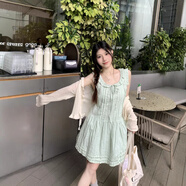 榮西圖（RONGXITU）木耳邊字短裙女夏季新款清新系帶背心連衣裙顯瘦 綠色開衫 均碼