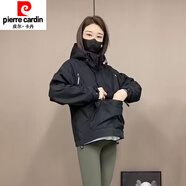皮爾卡丹美式機能風(fēng)口袋連帽套頭工裝夾克男女街頭bf寬松休閑沖鋒衣外套潮 黑色 M