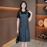 忻依美時(shí)尚牛仔連衣裙女夏季新款洋氣假兩件拼接背帶裙減齡過(guò)膝中長(cháng)裙子 牛仔裙 XL 115-125斤