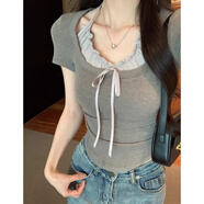 衣然呈品法式純欲掛脖假兩件短袖T恤女夏季薄款修身內(nèi)搭短款正肩上衣女 灰色 M 【建議90-110斤】