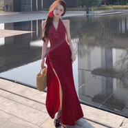 微光里掛脖連衣裙女夏季修身禮服長(cháng)裙純欲收腰開(kāi)叉包臀裙子性感V領(lǐng)裙子 掛脖包臀長(cháng)裙【紅色L】 110-120斤
