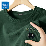 真維斯（Jeanswest）重磅短袖男華夫格肌理感復古圖案潮牌t恤高級感大碼ins潮流半袖夏 森林綠(呆小貓胸標) 4XL (體重215-240斤)