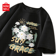 名創(chuàng)優(yōu)品（MINISO）t恤男短袖夏季男款山茶花綠色寬松衣服2025年新款重磅華夫格半袖 黑色(大陽光山茶) 5XL (體重230-260斤)