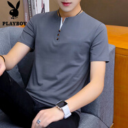 花花公子（PLAYBOY）夏季男士短袖T恤潮流時尚V領(lǐng)打底衫純棉衣服2025新款夏天體恤男裝 深灰色 2XL