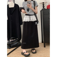 榮西圖（RONGXITU）蕾絲鉤花松緊腰半身裙女韓版中長(zhǎng)款字包臀裙2025新款 黑色 S