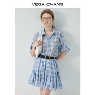 VEGA CHANG襯衫連衣裙女2025新款夏氣質(zhì)度假格子設(shè)計感小個子短裙 藍(lán)色格紋 L