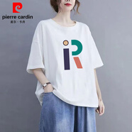 皮爾卡丹新款純棉圓領(lǐng)短袖T恤夏季大碼寬松百搭顯瘦遮肉T恤衫中長(cháng)款上衣潮 【白色】R字母 M 建議 80-115斤
