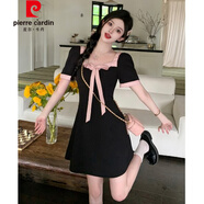 皮爾卡丹（pierre cardin）胖m大號(hào)女裝連衣裙蝴蝶結(jié)夏季法式復(fù)古甜美小清新方領(lǐng)小黑裙長(zhǎng)裙 黑色短裙 M 【建議80-100斤】