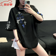 克羅心（chrome heart）官方艦旗潮牌克羅心十字架短袖T恤男女款夏季情侶梵文馬蹄藍色店 黑色 S