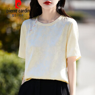 皮爾卡丹（pierre cardin）國風(fēng)氣質(zhì)夏季短袖女t恤2025夏裝新款薄款提花洋氣醋酸緞面上衣小 香檳色 M 80-105斤
