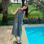 皮爾卡丹（pierre cardin）學(xué)院風(fēng)牛仔背帶裙女夏季2025新款小個子中長款寬松顯瘦爆款連衣裙 牛仔藍(lán)【單件背帶裙】 M 【106-120斤】