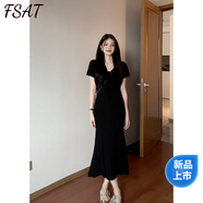FSAT法式氣質(zhì)藍(lán)色方領(lǐng)連衣裙子女春秋季韓系穿搭2025新款包臀魚尾長裙 黑色連衣裙(冰絲面料) 商場同款 2XL 商場同款