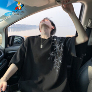 稻草人新中式國風(fēng)竹子短袖t恤男夏季新款潮牌寬松大碼半袖體恤 黑色 M