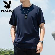 花花公子（PLAYBOY）棉高端t恤男夏季薄款輕薄透氣大碼寬松上衣體恤夏天新款打底衫 夏深藍色 薄款 3XL 適合200~215斤