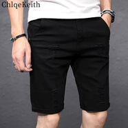 ChlqeKeith夏季白色破洞牛仔短褲男五分褲韓版潮流寬松彈力5分休閑馬褲男潮 黑色破洞 31