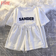 FSHE秋季短袖短褲套裝女寬松顯瘦顯白舒適休閑運動(dòng)服套裝兩件套外穿潮 白灰 M 【建議95-110斤】