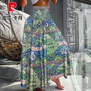 皮爾卡丹（pierre cardin）女裝2025夏季新款時(shí)尚波西米亞風(fēng)印花松緊腰中長(zhǎng)裙半身裙女士 109206綠色 S