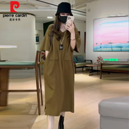 皮爾卡丹（pierre cardin）歐貨輕奢大碼連衣裙女夏裝200斤胖mm氣質(zhì)寬松過(guò)膝遮肚T恤裙 咖色 2XL 建議161-180斤