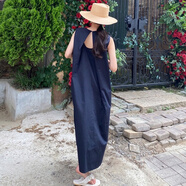 德莉婭2025韓國chic夏季氣質(zhì)極簡(jiǎn)百搭寬松露背無(wú)袖背心連衣裙 藏青色 均碼