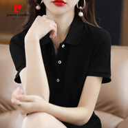 皮爾卡丹（pierre cardin）夏季polo領(lǐng)連衣裙女純棉短袖中長(cháng)款t恤大碼休閑運動(dòng)裙包臀職業(yè)裝 黑色 純色凈面連衣裙 2XL