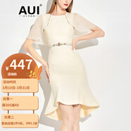 AUI杏色名媛氣質(zhì)修身包臀連衣裙女2024夏新款雪紡高腰魚尾裙 杏色 M