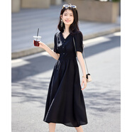 尚靜連衣裙女夏季新款女裝氣質(zhì)優(yōu)雅法師花邊復(fù)古V領(lǐng)收腰顯瘦小黑裙女