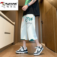 啄木鳥(niǎo)（TUCANO）新中式七分休閑褲男夏季潮牌菠蘿格寬松直筒褲子腰帶闊腿男褲男裝 2472米白 3XL 約165-180斤可穿