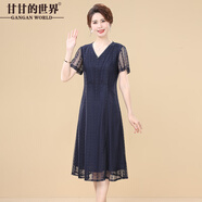 甘甘的世界2025夏新款時(shí)尚中年連衣裙洋氣甘夫人短袖網(wǎng)紗中長(zhǎng)裙 藍(lán)色 2XL 適合125-140斤