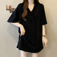 皮爾卡丹設計感飄帶V領(lǐng)短袖T恤女夏裝新款大碼胖mm中長(cháng)款遮屁股上衣打底衫 黑色上衣優(yōu)質(zhì)版夏天超火穿搭/ XL 建議115-130斤