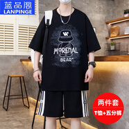 藍(lán)品閣短袖t恤男短褲套裝12-17歲大童小男孩帥氣衣服19歲青少年中學(xué)生裝 黑色 套裝(T恤+五分褲)7025 L 身高160-170cm95-120斤