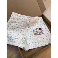 風(fēng)采兔辣妹甜美口袋Kitty貓咪刺繡牛仔短褲女2025新款高腰直筒闊腿熱褲 米白色 4XL