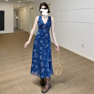 渝鼎福法式V領(lǐng)連衣裙子女士夏季純欲顯瘦氣質(zhì)長(cháng)裙無(wú)袖碎花沙灘海邊度假 文藝復古長(cháng)裙-藏青色 M 【100-110斤】