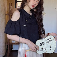 Radinka2025夏新款鏤空透視泡泡袖雪紡衫蕾絲顯瘦短袖百搭遮肚上衣XNE 新中式 黑色 2XL