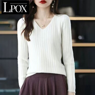 LPOX2025新款V領(lǐng)套頭長袖針織打底衫女毛衣百搭內(nèi)搭毛衫修身上衣女 白色 XL [建議110-120斤]