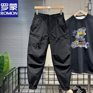羅蒙（ROMON）黑色工裝褲春秋新款男士寬松戶(hù)外休閑運動(dòng)褲機能九分褲潮牌哈倫褲 黑色 29 120斤左右
