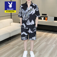 花花公子男士V領(lǐng)休閑套裝潮牌冰感薄款短袖T恤短褲一套痞帥襯衫領(lǐng)兩件套夏 黑色7707山水 XL 建議135-150斤