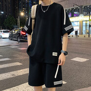 佐菲利休閑運動套裝男款夏季新款青少年寬松冰絲條紋短袖t恤短褲一整套