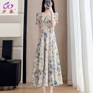 夕系法式方領(lǐng)藍色雪紡碎花連衣裙女夏季2025新款高腰收腰顯瘦大擺裙子 藍色雪紡碎花 M 100斤內