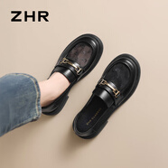 ZHR樂福鞋女夏季復(fù)古金屬扣粗跟女鞋一腳蹬單鞋女透氣 AH352E 黑色37