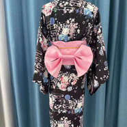 XCFREHT日系日式甜美可愛(ài)復古中長(cháng)款綁帶改良和服女振袖學(xué)生連衣裙禮服潮 黑色-紫藤狐 +胭脂粉三件套 M 身高160-165
