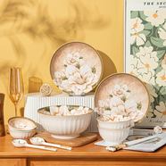 佩爾森復古山茶花碗碟套裝家用釉下彩高顏值陶瓷碗盤(pán)筷餐具整套喬遷送禮 2人食山茶花 11頭