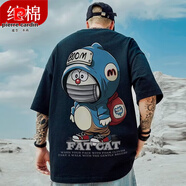 皮爾卡丹（pierre cardin）純棉港風(fēng)潮牌胖子男裝大碼寬松加肥短袖T恤日系卡通潮流半袖體恤 CT1970黑色【遮口哆啦】 M 【85-110斤】