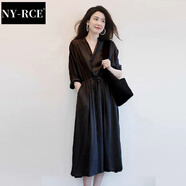 NY-RCE連衣裙女2025秋裝新款女裝法式雪紡連衣裙子夏茶歇復(fù)古小眾長(zhǎng)裙潮 黑色【高端連衣裙】 XL