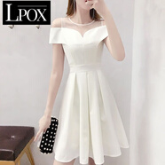 LPOX白色一字肩連衣裙女小清新2025新款夏修身顯瘦a字裙子中長(cháng)款氣質(zhì) 3518%23白色 M